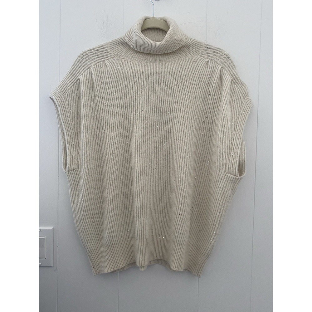 Brunello Cucinelli Italy Cashmere Wool Sequin Knit Turtleneck Vest Beige US‎ XL